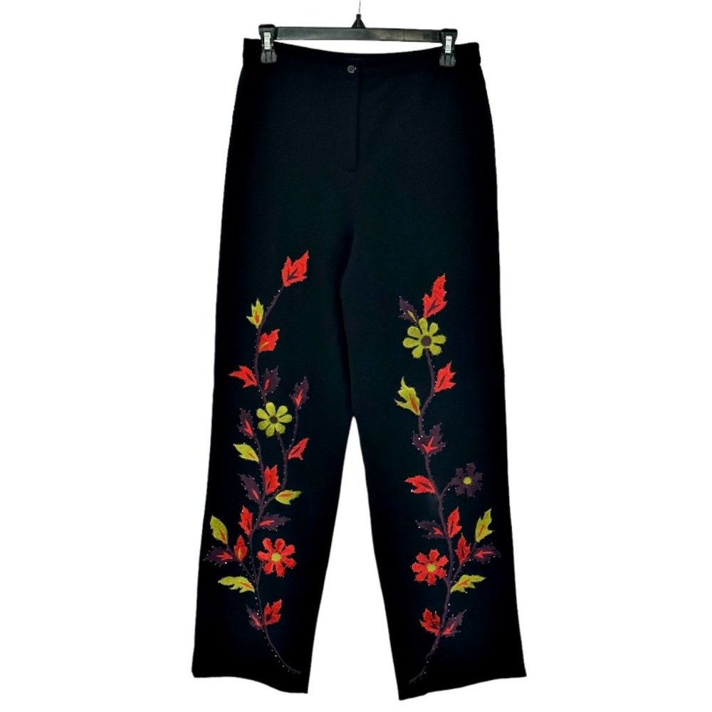 Forwear New York Dress Pants Size 10 Black Embroidered Beaded Floral Leafy Vine